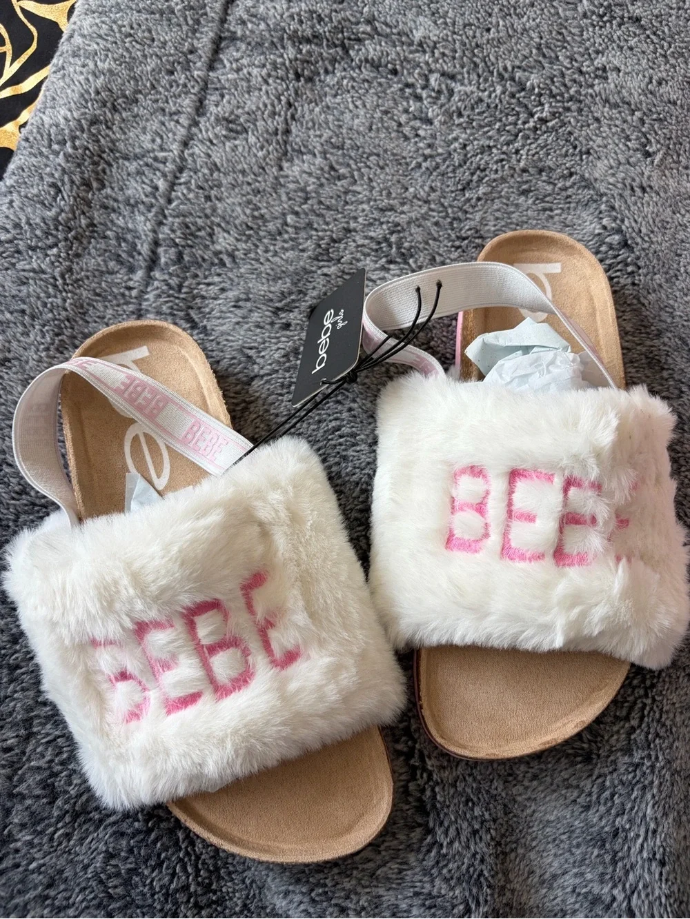 bebe Girls White Faux-Fur Slide Sandals with Pink Logo